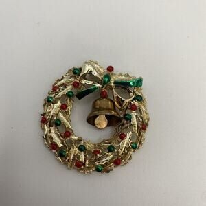Vintage Wreath Bell Pin Brooch Christmas Gold Tone (G2)